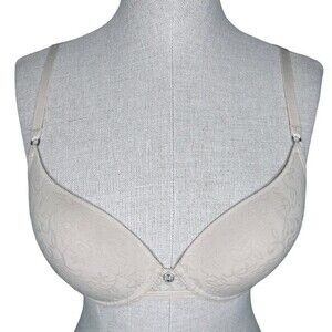 Natori Sheer Jacquard Full Fit T-Shirt Bra sz 32C * Lined Pale Beige Nude Lace